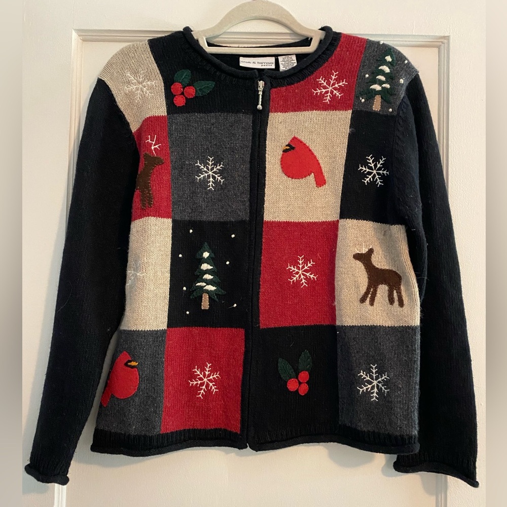 Vintage Croft & Barrow Bird Snow Holiday Ugly Christmas Cardigan Sweater Size MP